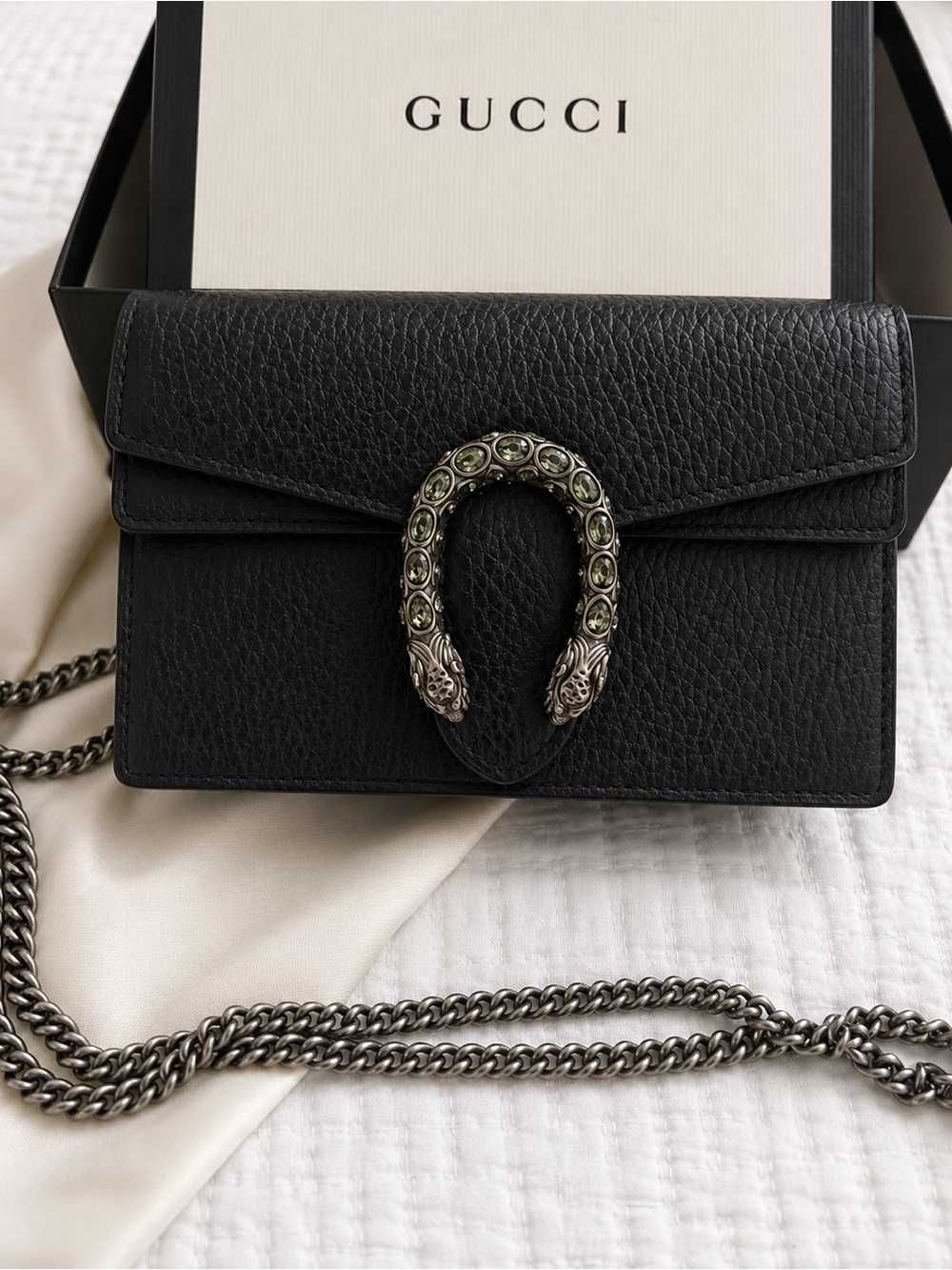 Gucci Black Leather Dionysus Chain Crossbody with Green Crystal Accents